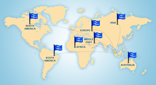 Global Dairy Distribution - World map showing Able Dairies' global reach with flags indicating locations in North America, South America, Europe, Africa, the Middle East, Asia, and Australia, enhancing our Global Dairy Distribution.